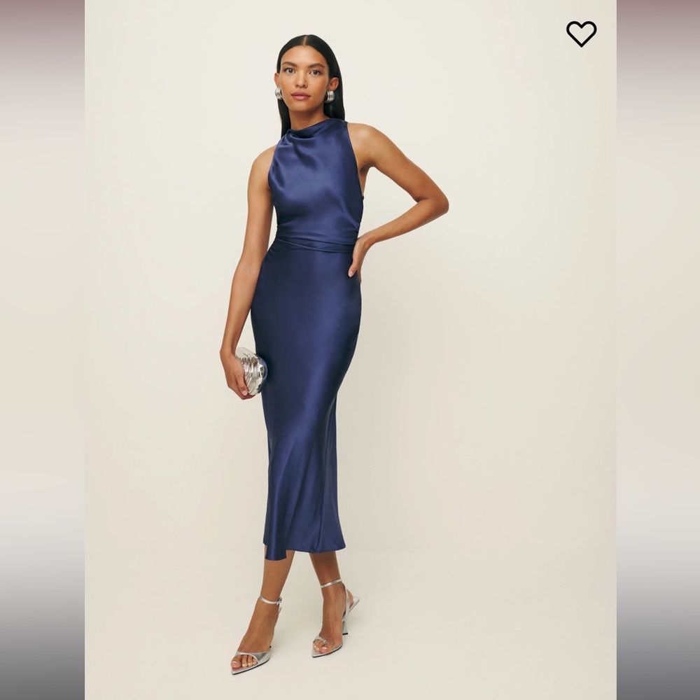 Reformation Navy Blue Satin Cowl-Neck Midi Dress - Picture 5 of 7